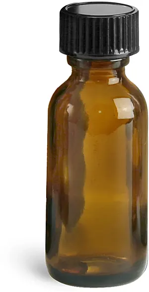 1 oz Amber Glass Round Bottles w/ Black Cone Lined Caps