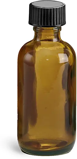 2 oz Amber Glass Round Bottles w/ Black Phenolic Cone Lined Caps