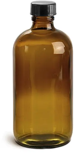 8 oz Amber Glass Round Bottles w/ Black Cone Lined Caps