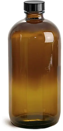 16 oz Amber Glass Round Bottles w/ Black Cone Lined Caps