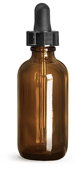 2 oz       Amber Glass Round Bottles w/ Black Bulb Glass Droppers