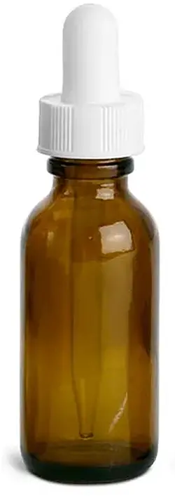 1 oz     Amber Glass Round Bottles w/ White Bulb Glass Droppers