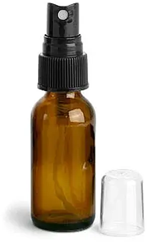 1 oz        Amber Glass Round Bottles w/ Black Fine Mist Sprayers