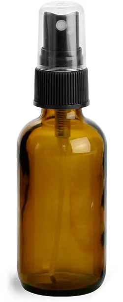 2 oz        Amber Glass Round Bottles w/ Black Fine Mist Sprayers