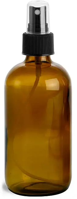 8 oz        Amber Glass Round Bottles w/ Black Fine Mist Sprayers