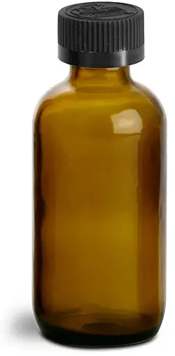 2 oz  Glass Bottles, Amber Glass Boston Round Bottles w/ Black Child Resistant Lined Caps