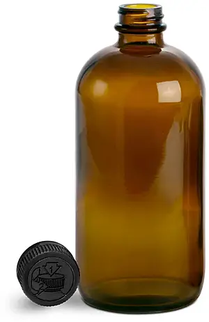 16 oz Glass Bottles, Amber Glass Boston Round Bottles w/ Black Child Resistant Lined Caps