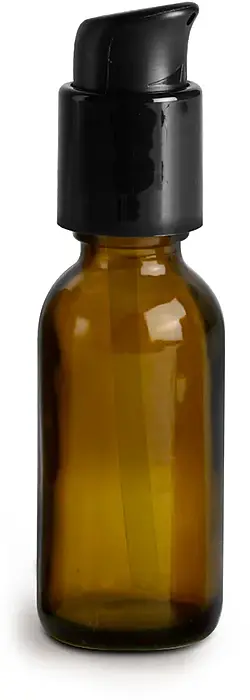 1 oz Amber Glass Boston Round Bottles w/ Black Treatment Pumps