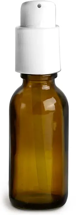 1 oz  Amber Glass Boston Round Bottles w/ White Treatment Pumps