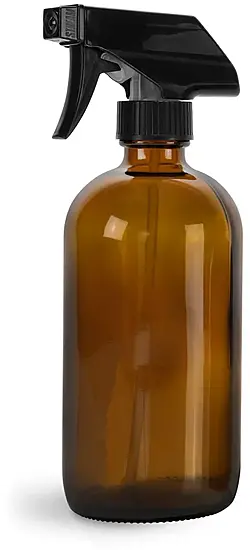 16 oz Amber Glass Boston Round Bottles w/ Black Polypropylene Trigger Sprayers