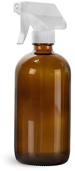 16 oz Amber Glass Boston Round Bottles w/ White Polypropylene Trigger Sprayers