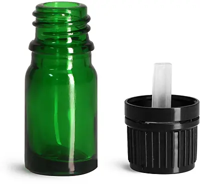 5 ml Glass Bottles, Green Glass Euro Dropper Bottles w/ Black Tamper Evident Caps & Orifice Reducers