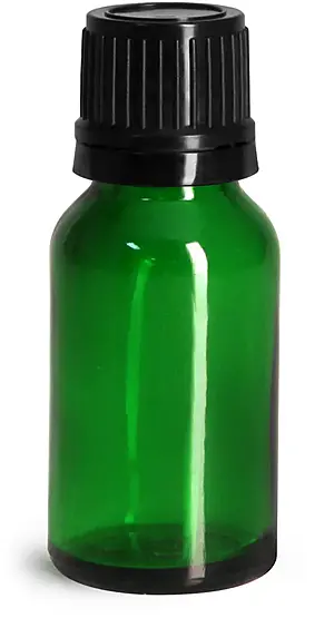 15 ml Glass Bottles, Green Glass Euro Dropper Bottles w/ Black Tamper Evident Caps & Orifice Reducers