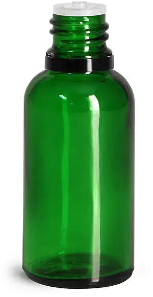 30 ml Glass Bottles, Green Glass Euro Dropper Bottles w/ Black Tamper Evident Caps & Orifice Reducers