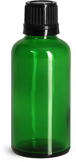 50 ml Glass Bottles, Green Glass Euro Dropper Bottles w/ Black Tamper Evident Caps & Orifice Reducers