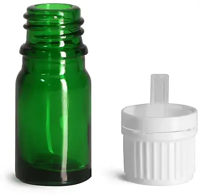 5 ml Glass Bottles, Green Glass Euro Dropper Bottles w/ White Tamper Evident Caps & Orifice Reduce