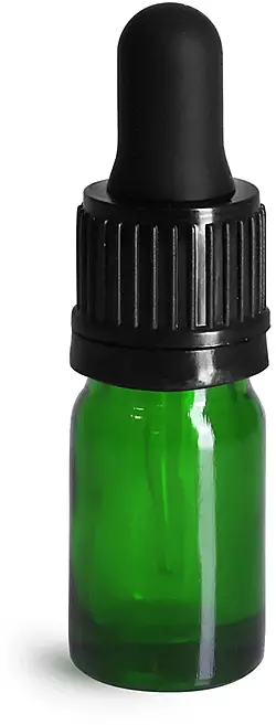 5 ml Glass Bottles, Green Glass Euro Dropper Bottles w/ Black Tamper Evident Bulb Droppers