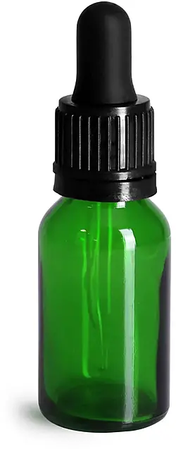 15 ml Glass Bottles, Green Glass Euro Dropper Bottles w/ Black Tamper Evident Bulb Droppers
