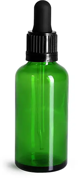50 ml Glass Bottles, Green Glass Euro Dropper Bottles w/ Black Tamper Evident Bulb Droppers