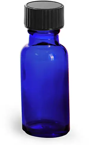 1/2 oz         Blue Glass Round Bottles w/ Black Phenolic Cone Lined Caps