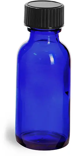1 oz         Blue Glass Round Bottles w/ Black Phenolic Cone Lined Caps