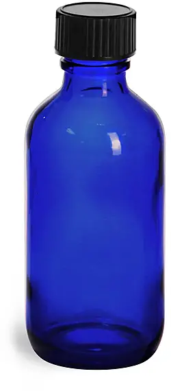 2 oz         Blue Glass Round Bottles w/ Black Phenolic Cone Lined Caps