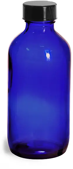 4 oz         Blue Glass Round Bottles w/ Black Phenolic Cone Lined Caps