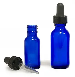 1 oz       Blue Glass Round Bottles w/ Black Bulb Glass Droppers