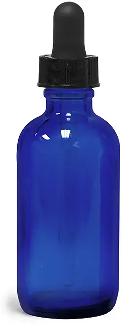 2 oz       Blue Glass Round Bottles w/ Black Bulb Glass Droppers