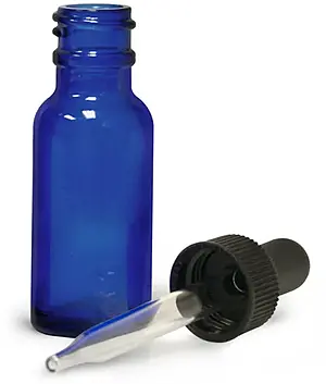 1/2 oz       Blue Glass Round Bottles w/ Black Bulb Glass Droppers