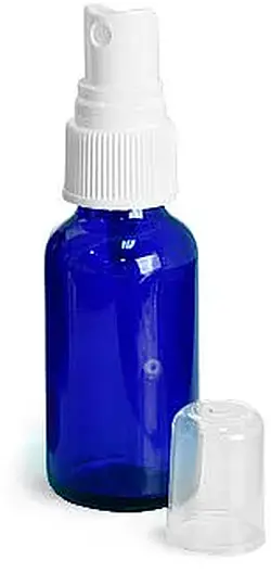 1 oz        Blue Cobalt Glass Round Bottles w/ White Fine Mist Sprayers