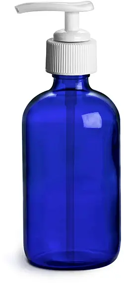 4 oz        Blue Cobalt Glass Round Bottles w/ White Pumps
