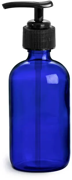 4 oz        Blue Cobalt Glass Round Bottles w/ Black Pumps