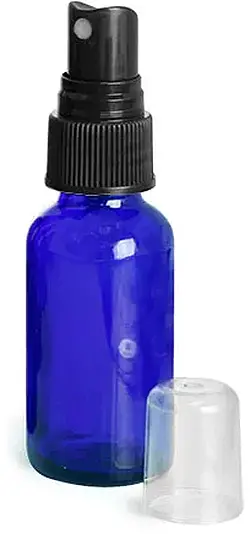 1 oz        Blue Glass Round Bottles w/ Black Fine Mist Sprayers