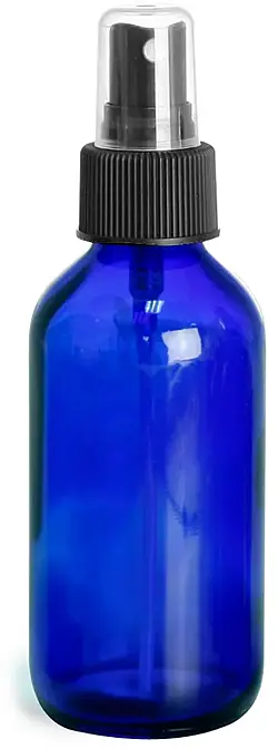 4 oz        Blue Glass Round Bottles w/ Black Fine Mist Sprayers