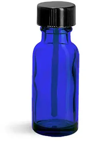 1/2 oz Blue Glass Round Bottles w/ Black PE Ball Rod Caps