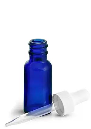 1/2 oz      Blue Glass Round Bottles w/ White Bulb Glass Droppers