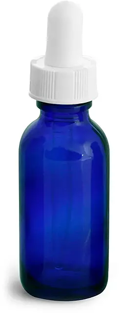 1 oz      Blue Glass Round Bottles w/ White Bulb Glass Droppers