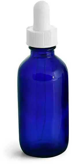 2 oz      Blue Glass Round Bottles w/ White Bulb Glass Droppers