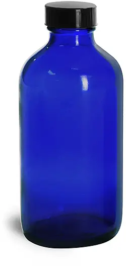 8 oz Blue Glass Round Bottles w/ Black Phenolic Cone Lined Caps