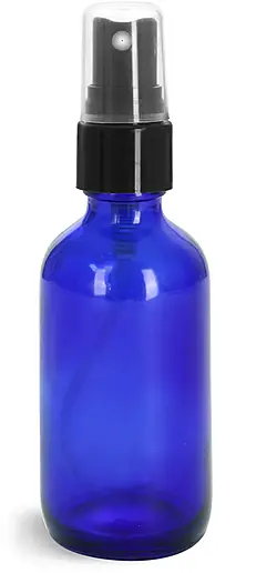 2 oz Glass Bottles, Blue Glass Boston Round Bottles w/ Smooth Black Fine Mist Sprayers