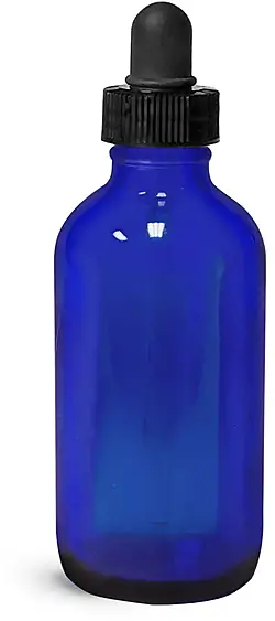 4 oz Blue Glass Boston Round Bottles w/ Black Bulb Glass Droppers