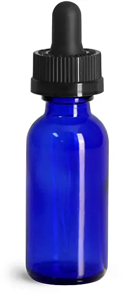 1 oz Glass Bottles, Blue Glass Boston Round Bottles w/ Child Resistant Glass Droppers