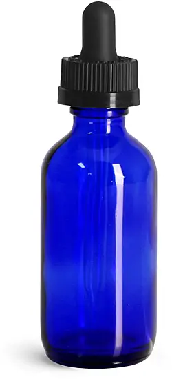 2 oz Glass Bottles, Blue Glass Boston Round Bottles w/ Child Resistant Glass Droppers