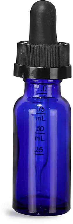 1/2 oz Blue Glass Boston Round Bottles w/ Child Resistant Graduated Glass Droppers