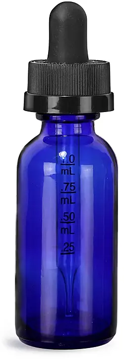 1 oz Blue Glass Boston Round Bottles w/ Child Resistant Graduated Glass Droppers