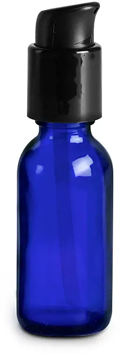 1 oz Glass Bottles, Blue Glass Boston Round Bottles w/ Black Treatment Pumps