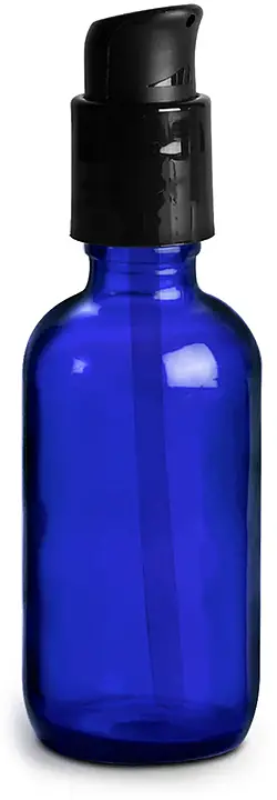 2 oz Glass Bottles, Blue Glass Boston Round Bottles w/ Black Treatment Pumps