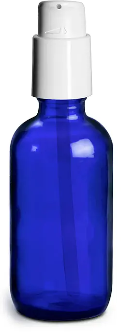 2 oz Blue Glass Boston Round Bottles w/ White Treatment Pumps