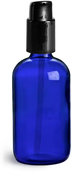 4 oz Blue Glass Boston Round Bottles w/ Black Treatment Pumps